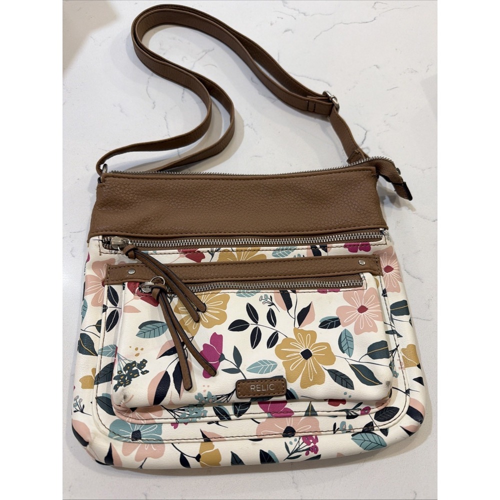 Relic Evie Crossbody Floral White Tan Medium 3 Zip Pockets Vegan VGC